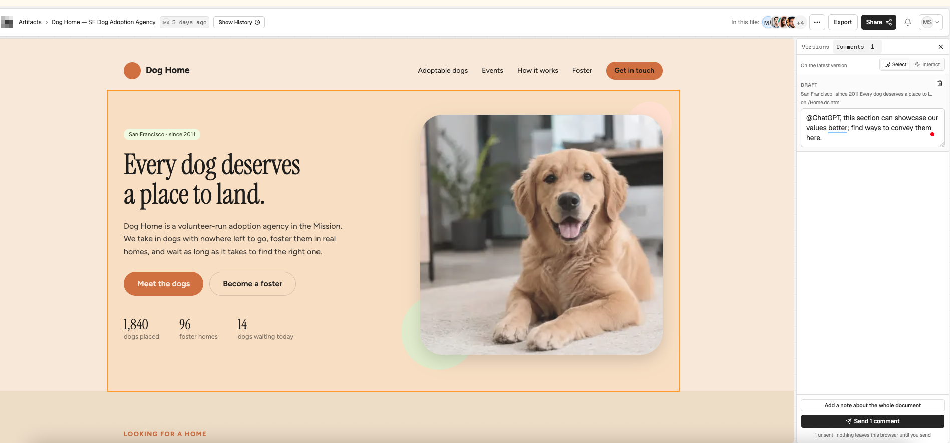 AgentGrid.io Dog Home artifact with a draft comment open in the right panel