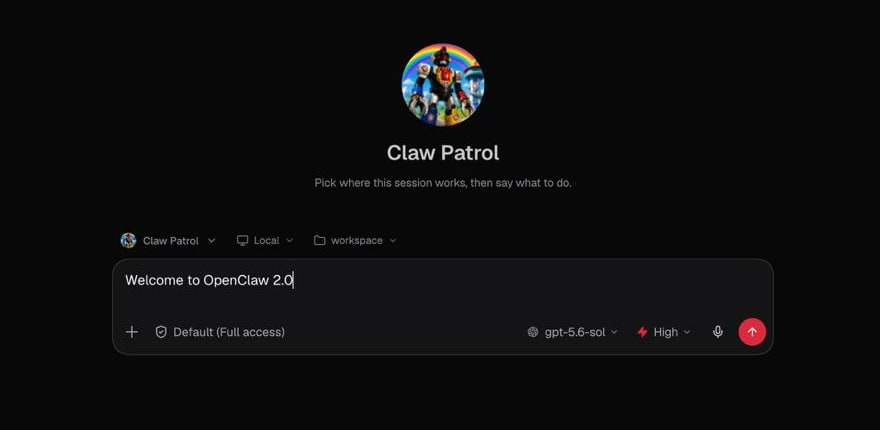 OpenClaw 2 Control UI opening directly into a conversation with workspace, model, and permission controls