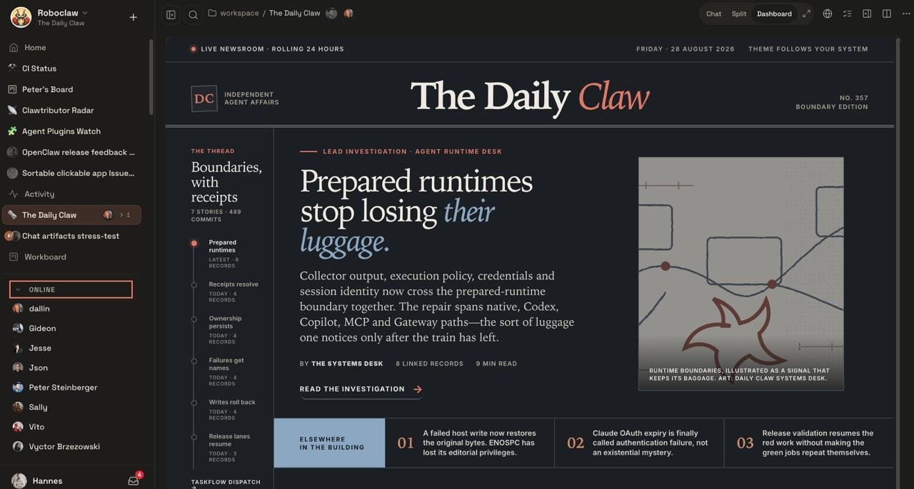 The Daily Claw dashboard inside an OpenClaw multiplayer workspace with project navigation and online team members