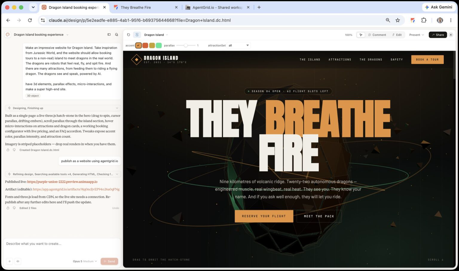 Claude Design publishing a website through AgentGrid.io