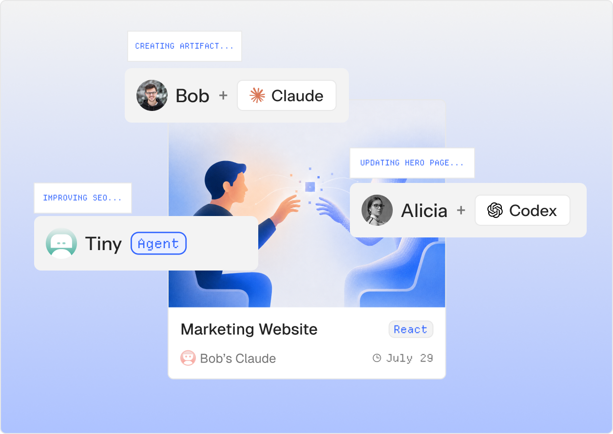 People and AI agents collaborating on a shared marketing website artifact
