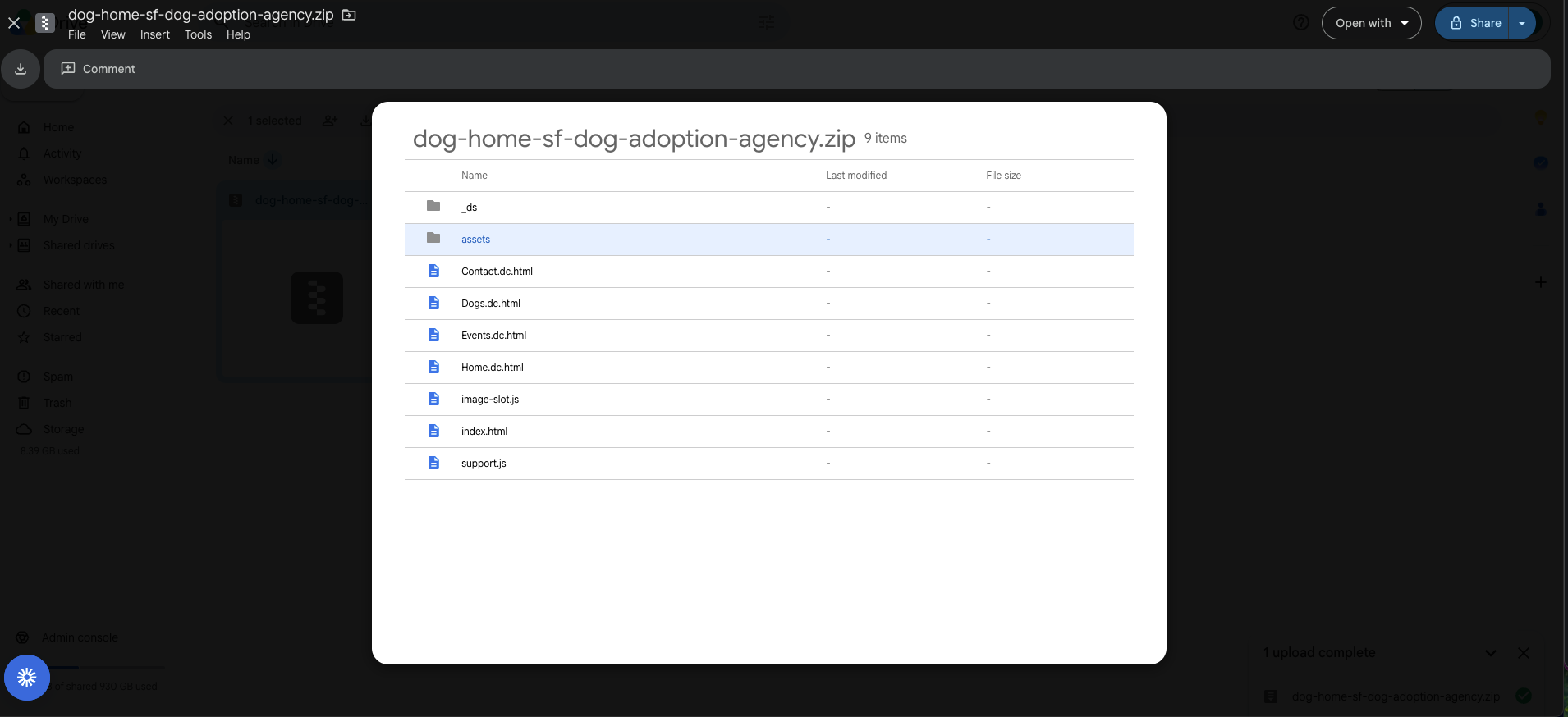 An app project opened in Google Drive, showing folders and HTML and JavaScript source files without a running preview