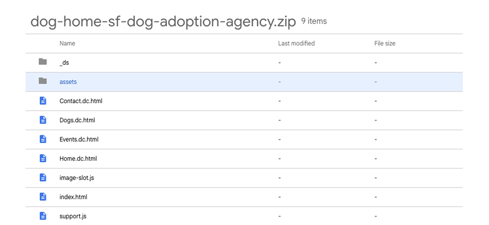 An app project opened in Google Drive, showing folders and HTML and JavaScript source files without a running preview