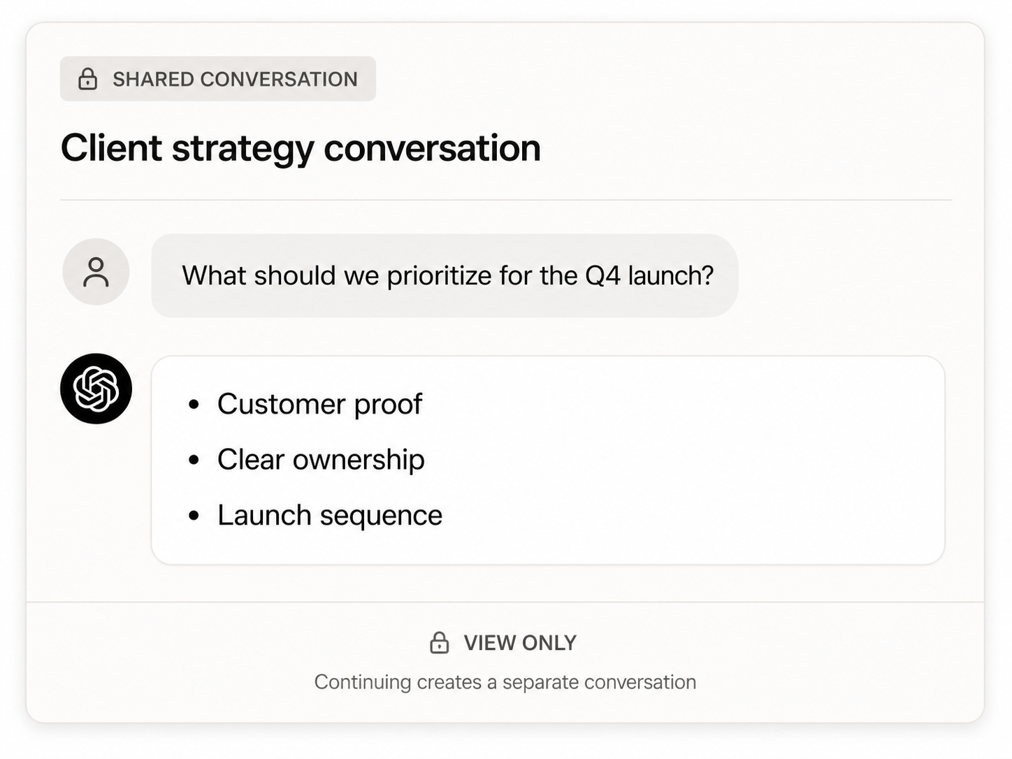 A shared ChatGPT conversation that another person can view but not continue in place